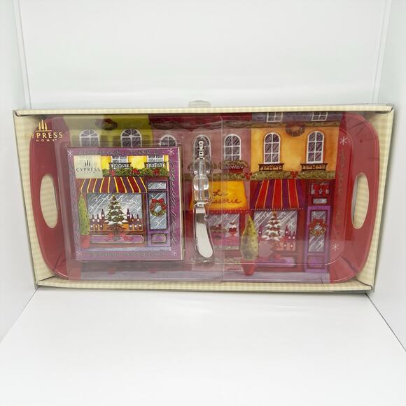 New in Box Cypress Holiday Storefront Serving Tray, Spreader & Napkins Set - Picture 1 of 5